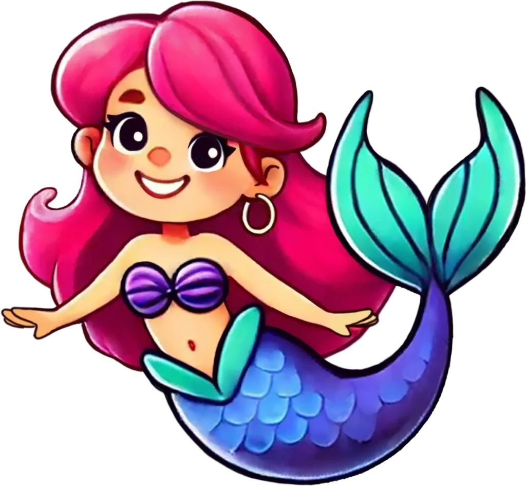 Cannon's Cove pink haired happy mermaid with an indigo and green tail