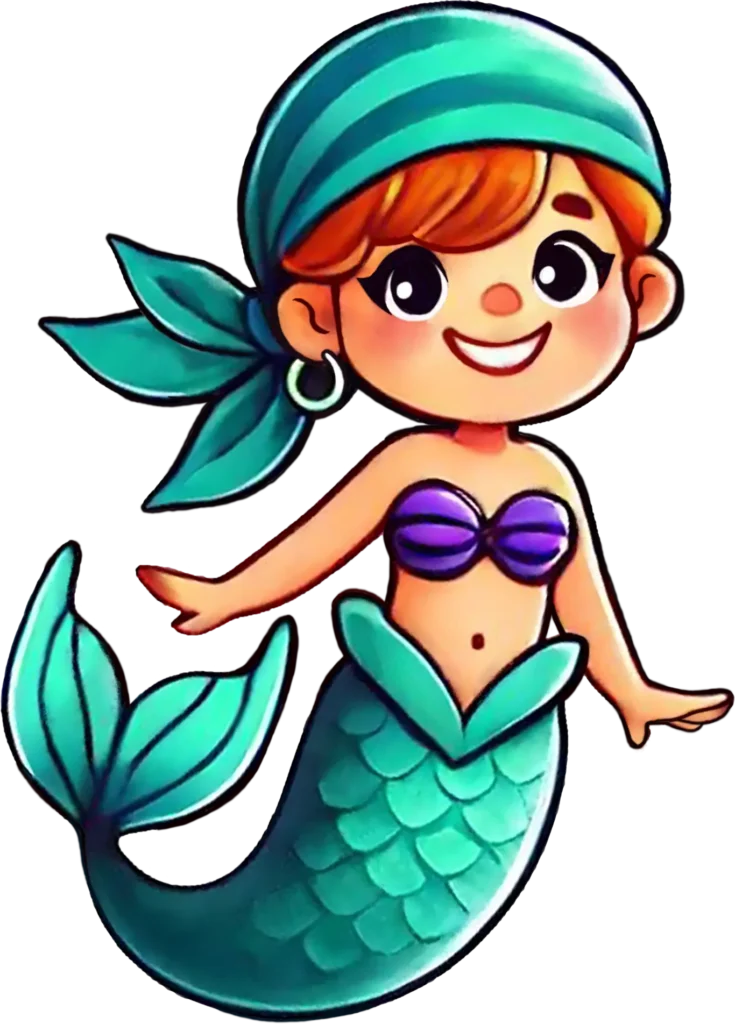 Smiling pirate mermaid with a green tail and red hair playing in Cannon's Cove