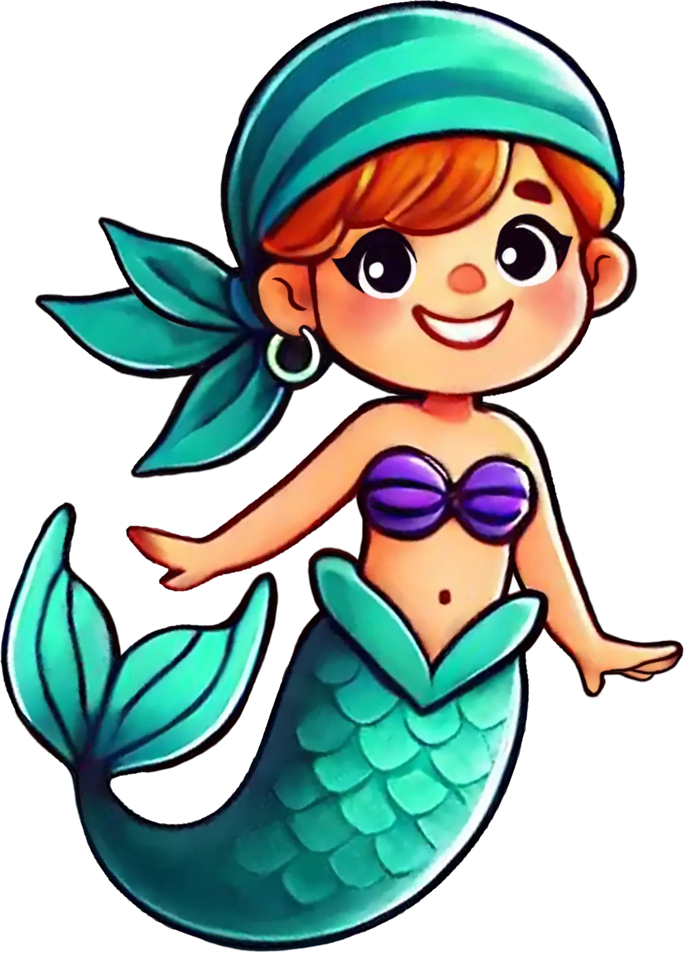 Smiling pirate mermaid with a green tail and red hair playing in Cannon's Cove